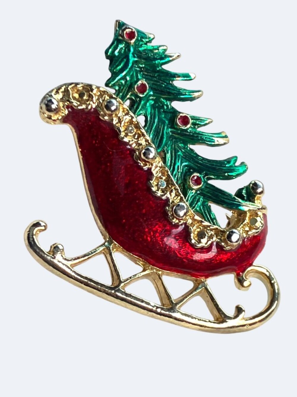Christmas Sleigh Pin Brooch With Red Enamel Green Tree Design Christmas - Picture 5 of 11